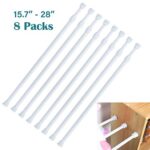 DeElf Outlet 8 Packs Small Tension Rods 16 to 28 inch Spring Adjustable Bars for Camper RV Refrigerator, Kitchen Windown, Cupboard Utensils, Closet, and Cabinet, White