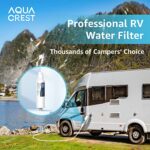 AQUA CREST RV Inline Hose Water Filter, Garden and Camper, NSF Certified, Greatly Reduces Chlorine, Bad Taste, Odor, 2 Pack with Hose Protector, New Label Design