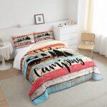 Queen Size Camper Bedding for Travel Trailers,Colorful Stripes Vintage Barn Door Comforter,Happy Camping Duvet Set for Boys Girls Camping Lover,Western Farmhouse Style Bedding Comforter