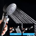 WHZeffect RV Shower Head with On Off Switch and Hose.High Pressure Handheld 5 Spray Mode Replacement Set for Campers,Outdoor,Travel Trailer,Motorhome.Adhesive Shower Holder and Hose Guide Ring,Black.