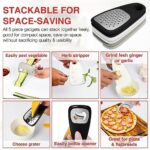 Kitchen Gadget, 6 Piece Set, Space Saving, Camper must haves, RV Accessories, Cheese Grater, Bottle Opener, Fruit/Vegetable Peeler, Pizza Cutter, Garlic/Ginger Grinder,Herb Stripper, (Blk/Gray/White)
