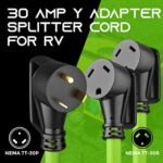 GearIT RV Y Adapter Cord 30 Amp to (2) 30 Amp, NEMA TT-30P to (2) NEMA TT-30R, Male Plug to Female Receptacles, 3-Prong Heavy Duty Power Cable, STW 10 AWG 3C – Trailer, Camper and Generator – 3 Feet