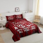 RV Camper Comforter Set Queen Size Happy Camping Quilt Red Rustic Farmhouse Style Bedding Set 3 Pcs for Camper Decor, Camp Duvet Cartoon Traveling Vehicle Decor Comforter + 2 Pillowcases