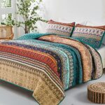 WONGS BEDDING Boho Queen Quilt Set, Green and Brown Bohemian Queen Quilt Bedding Set, Lightweight Microfiber Bed Decor Bedspread for All Season 96″x90″(3 Pieces)